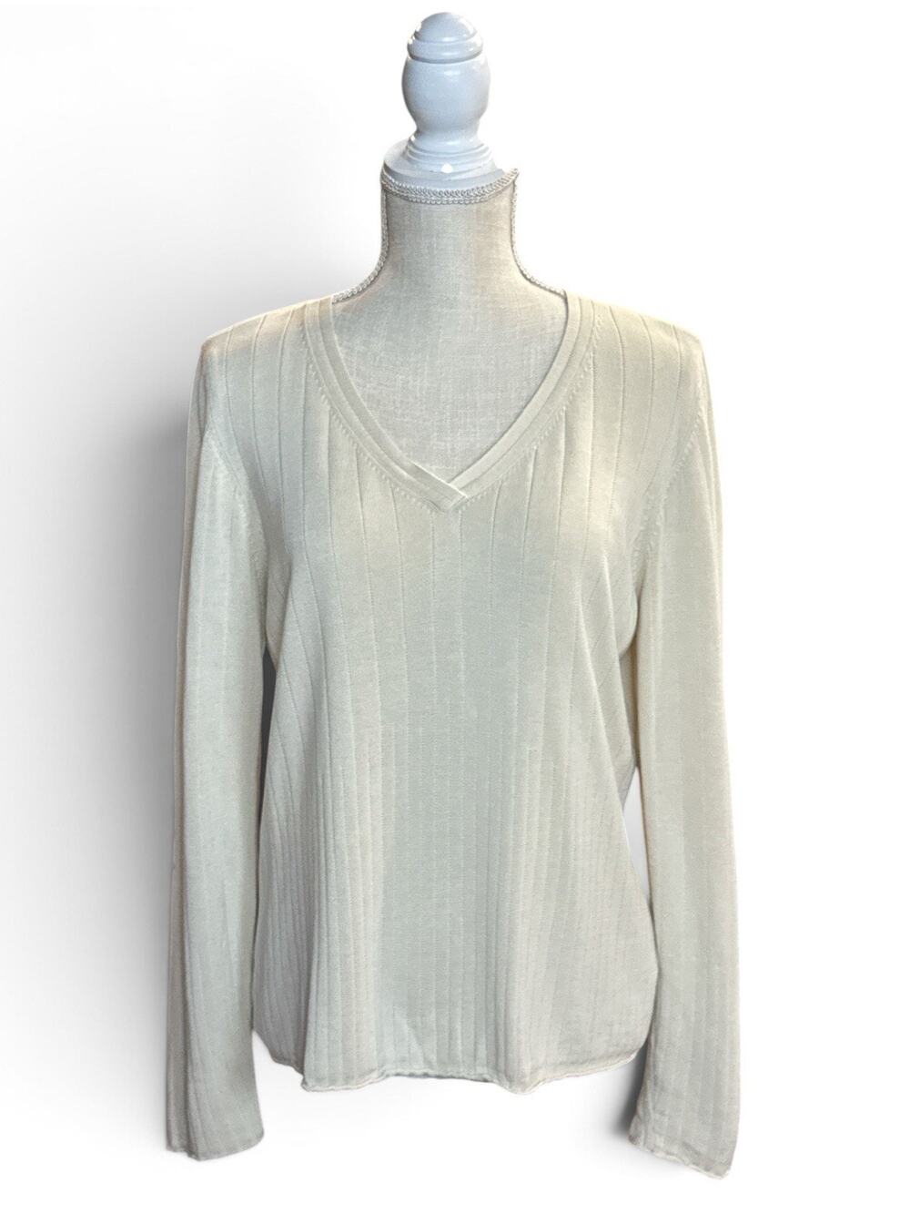 Tommy Hilfiger Sweater Silk Cotton Ivory Lightweight Pullover V Neck Cream XL